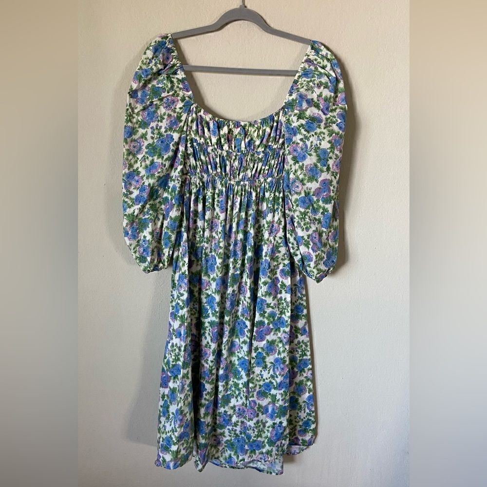 For Love & Lemons Bridget Midi White Green Dress Floral Puff Size S - Picture 11 of 13
